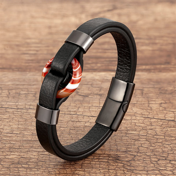 Buddha Stones Round Green Aventurine Black Onyx Hematite Agate Rose Quartz Stone Balance Leather Magnetic Buckle Bracelet - Red Agate-Black - 18-22cm - image 28