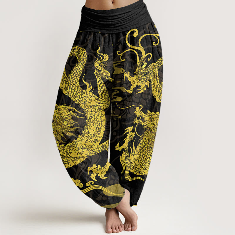 Buddha Stones Dragon Auspicious Clouds Women's Elastic Waist Harem Pants - Black - US22,UK/AU26,EU54 (6XL) - image 1