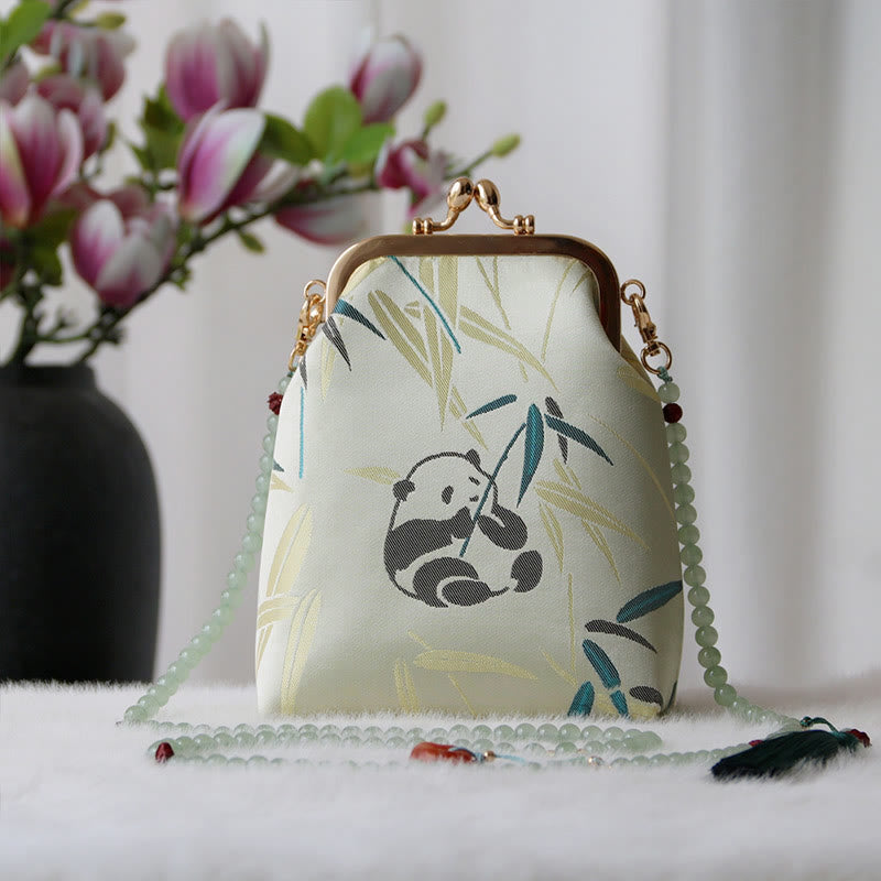 Buddha Stones Retro Chinese Embroidery Pearl Chain Crossbody Bag Shoudler Bag - PaleGreen Panda Bamboo 14*6*18cm - image 7