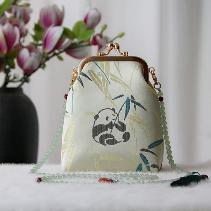 Buddha Stones Retro Chinese Embroidery Pearl Chain Crossbody Bag Shoudler Bag - PaleGreen Panda Bamboo 14*6*18cm - image 7