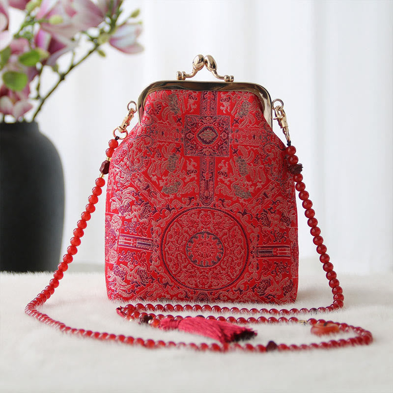 Buddha Stones Retro Chinese Embroidery Pearl Chain Crossbody Bag Shoudler Bag - Red Flower Embroidery 14*6*18cm - image 11