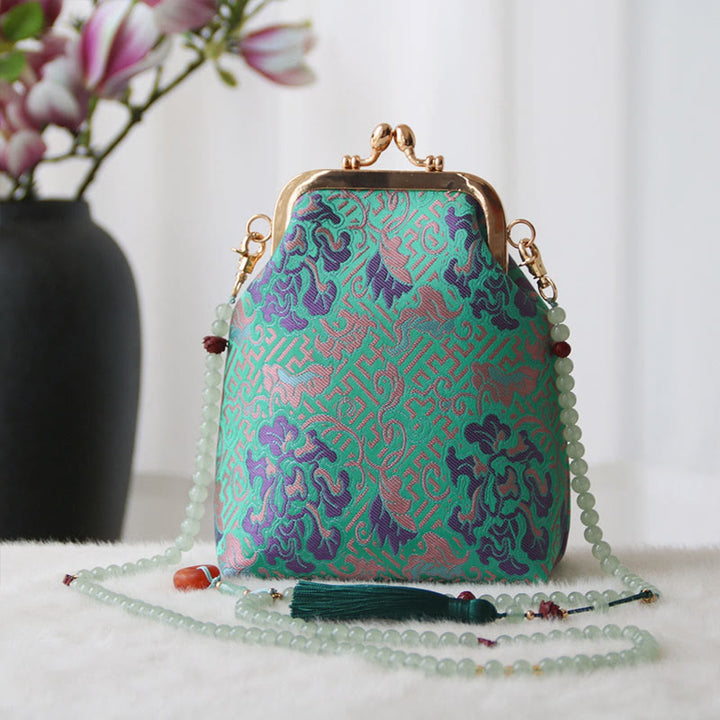 Buddha Stones Retro Chinese Embroidery Pearl Chain Crossbody Bag Shoudler Bag - MediumSpringGreen Flower 14*6*18cm - image 18