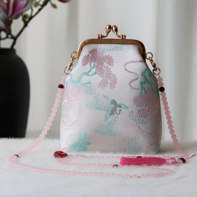 Buddha Stones Retro Chinese Embroidery Pearl Chain Crossbody Bag Shoudler Bag - LavenderBlush Tree 14*6*18cm - image 19