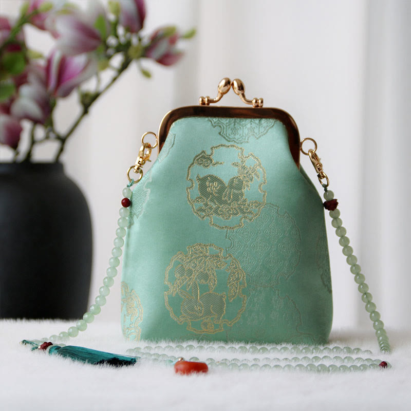 Buddha Stones Retro Chinese Embroidery Pearl Chain Crossbody Bag Shoudler Bag - MediumSpringGreen Rabbit 14*6*18cm - image 20