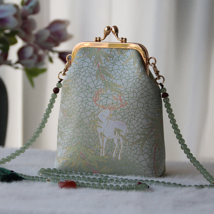 Buddha Stones Retro Chinese Embroidery Pearl Chain Crossbody Bag Shoudler Bag - DarkSeaGreen Deer 14*6*18cm - image 22