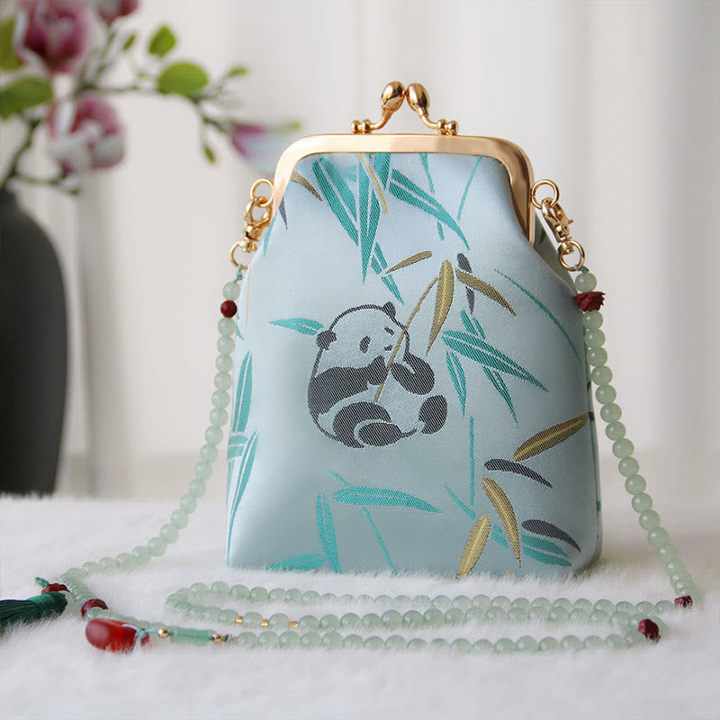 Buddha Stones Retro Chinese Embroidery Pearl Chain Crossbody Bag Shoudler Bag - Cyan Panda Bamboo 14*6*18cm - image 23