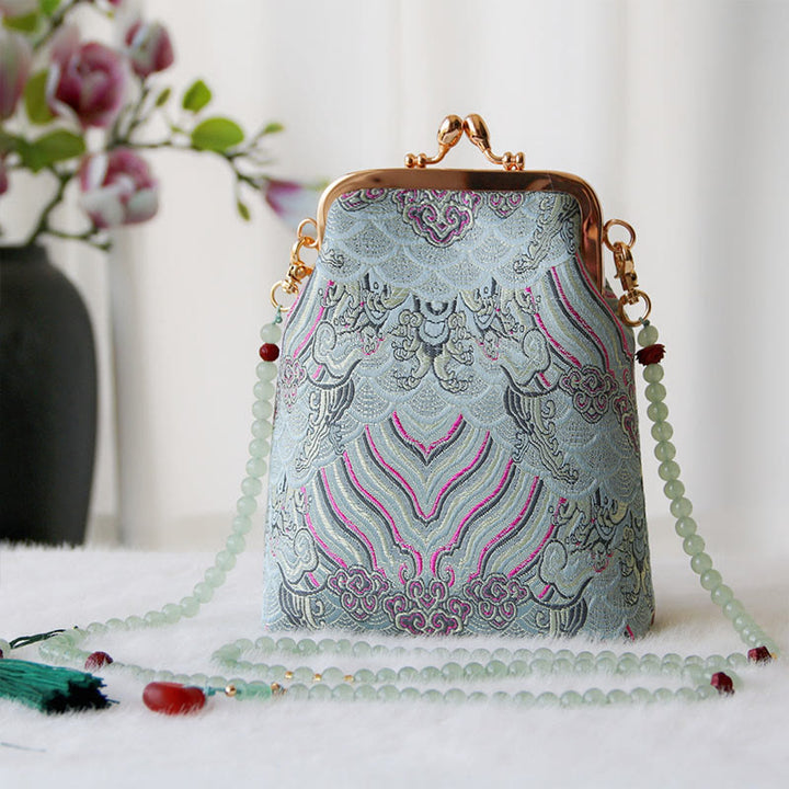 Buddha Stones Retro Chinese Embroidery Pearl Chain Crossbody Bag Shoudler Bag - LightSkyBlue Auspicious Clouds 14*6*18cm - image 25