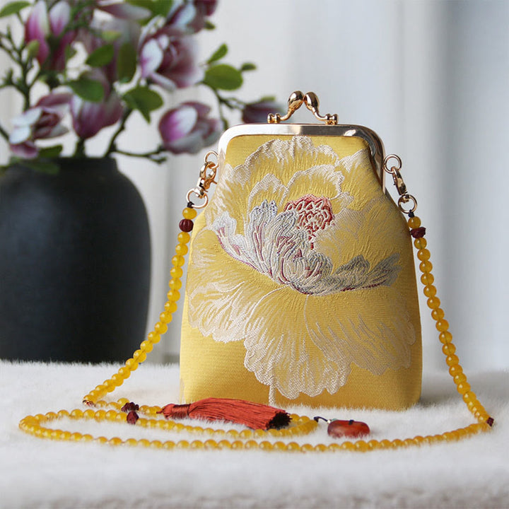 Buddha Stones Retro Chinese Embroidery Pearl Chain Crossbody Bag Shoudler Bag - Yellow Flower 14*6*18cm - image 27