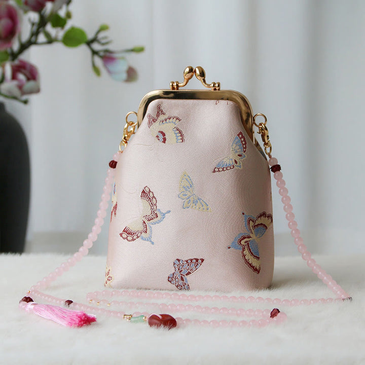 Buddha Stones Retro Chinese Embroidery Pearl Chain Crossbody Bag Shoudler Bag - Pink Butterfly 14*6*18cm - image 30