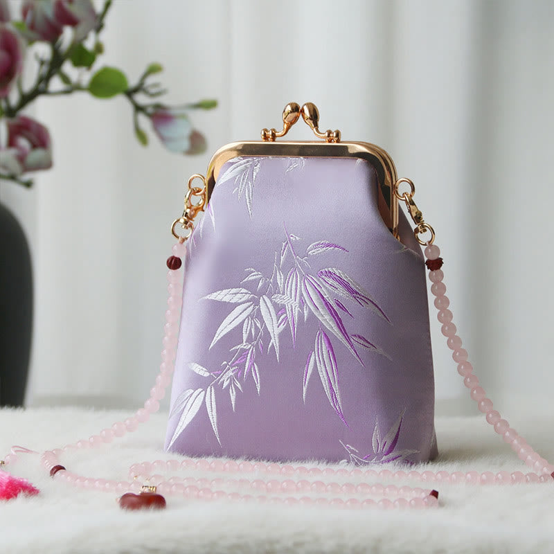 Buddha Stones Retro Chinese Embroidery Pearl Chain Crossbody Bag Shoudler Bag - Violet Bamboo Leaves 14*6*18cm - image 32