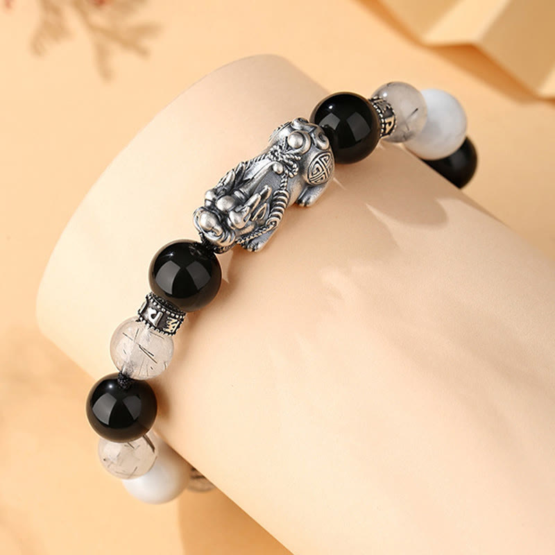 Buddha Stones Pi Xiu Six True Words 999 Sterling Silver Black Obsidian White Turquoise Chrysoberyl Luck Bracelet - image 3