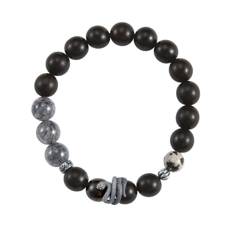 Buddha Stones Ebony Wood Black Rutilated Quartz 925 Sterling Silver Year Of The Snake Balance Bracelet - image 9