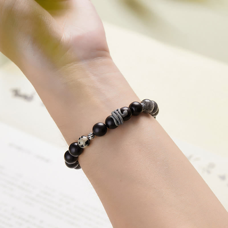 Buddha Stones Ebony Wood Black Rutilated Quartz 925 Sterling Silver Year Of The Snake Balance Bracelet - image 3