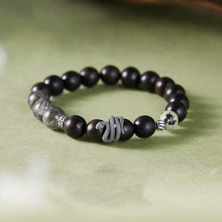 Buddha Stones Ebony Wood Black Rutilated Quartz 925 Sterling Silver Year Of The Snake Balance Bracelet - Ebony Wood Black Rutilated Quartz(Wrist Circumference: 18-20cm) - image 0