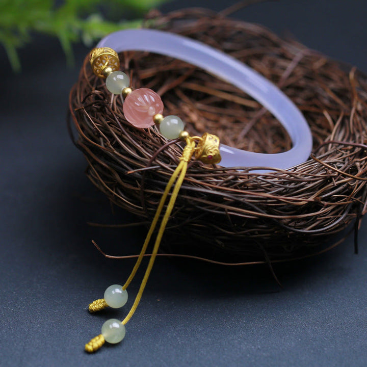 Buddha Stones Natural White Agate Lotus Hetian Jade Beads Positive Bracelet Bangle - image 3