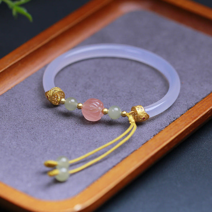 Buddha Stones Natural White Agate Lotus Hetian Jade Beads Positive Bracelet Bangle - image 2