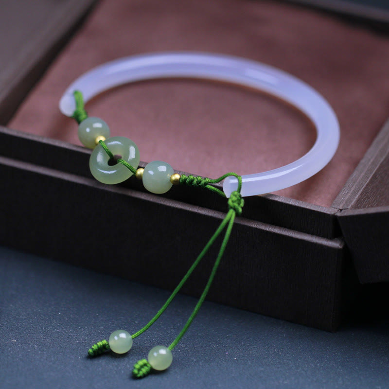 Buddha Stones Natural White Agate Hetian Jade Beads Peace Buckle Positive Bracelet Bangle - image 3