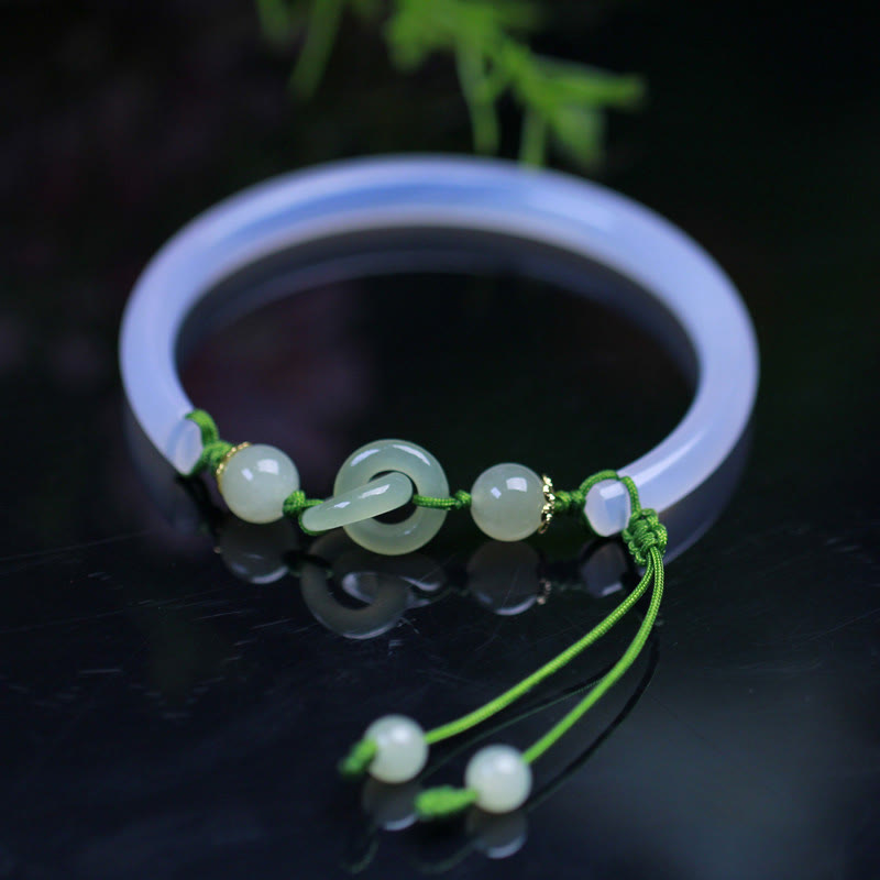 Buddha Stones Natural White Agate Hetian Jade Beads Interlocking Positive Bracelet Bangle - White Agate(Wrist Circumference: 14-17cm) - image 1