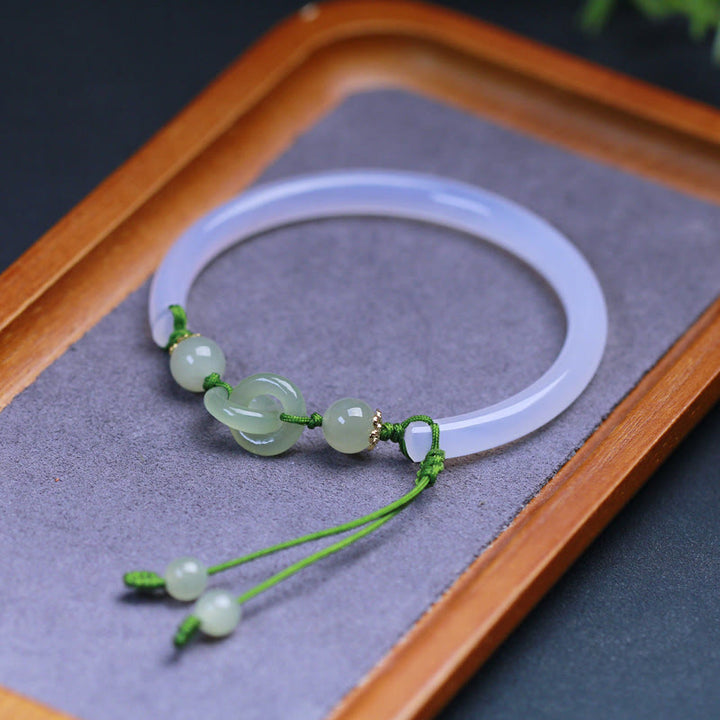 Buddha Stones Natural White Agate Hetian Jade Beads Interlocking Positive Bracelet Bangle - image 4
