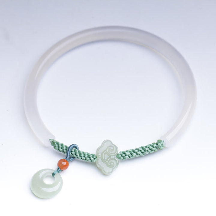 Buddha Stones Natural White Agate Hetian Jade Peace Buckle Auspicious Clouds Positive Bracelet Bangle - image 10