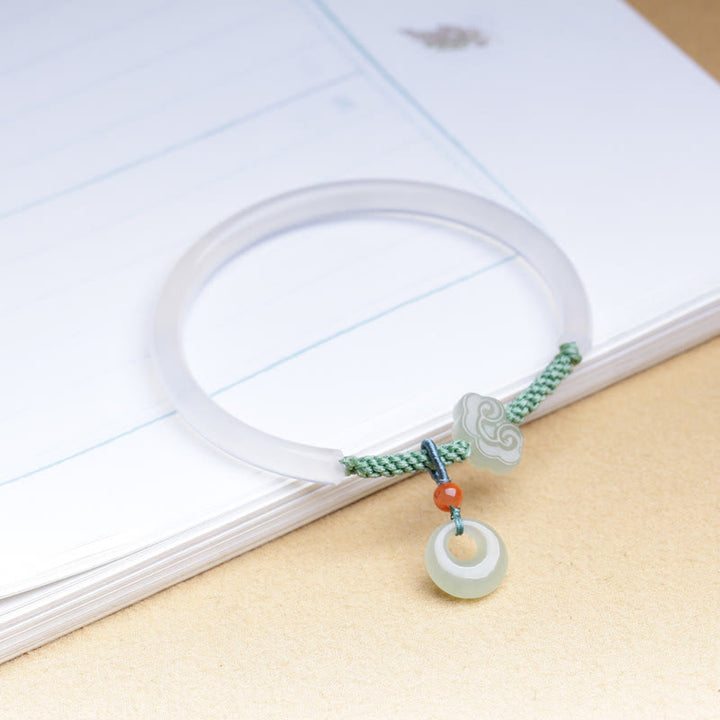 Buddha Stones Natural White Agate Hetian Jade Peace Buckle Auspicious Clouds Positive Bracelet Bangle - image 5