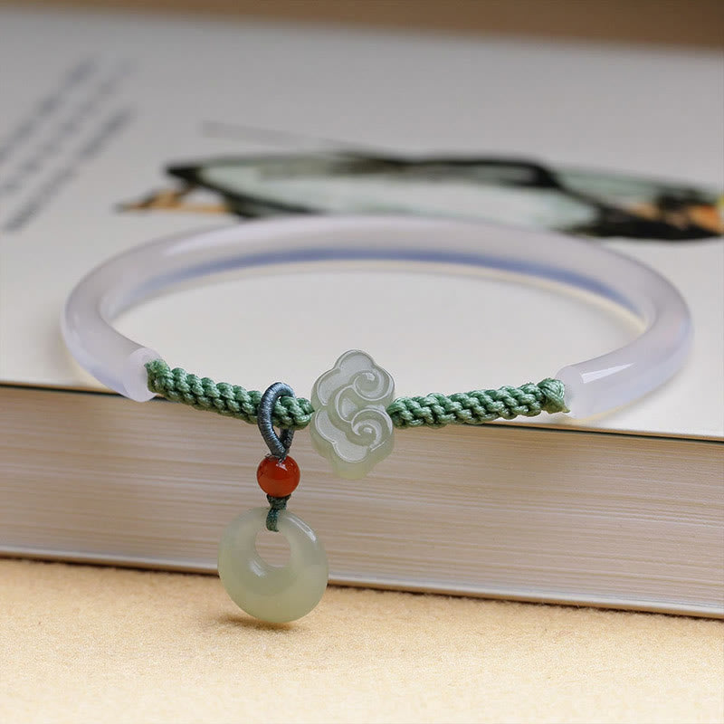 Buddha Stones Natural White Agate Hetian Jade Peace Buckle Auspicious Clouds Positive Bracelet Bangle - White Agate(Wrist Circumference: 14-17cm) - image 1