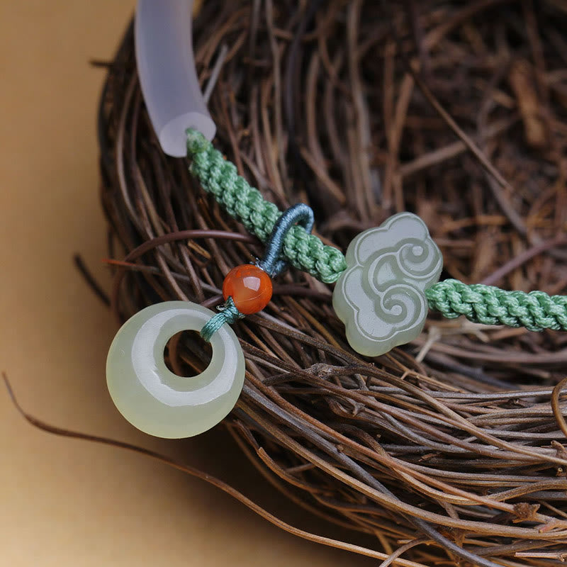 Buddha Stones Natural White Agate Hetian Jade Peace Buckle Auspicious Clouds Positive Bracelet Bangle - image 2