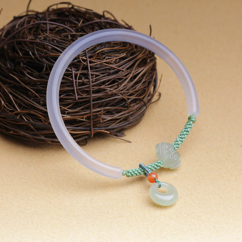 Buddha Stones Natural White Agate Hetian Jade Peace Buckle Auspicious Clouds Positive Bracelet Bangle - image 3