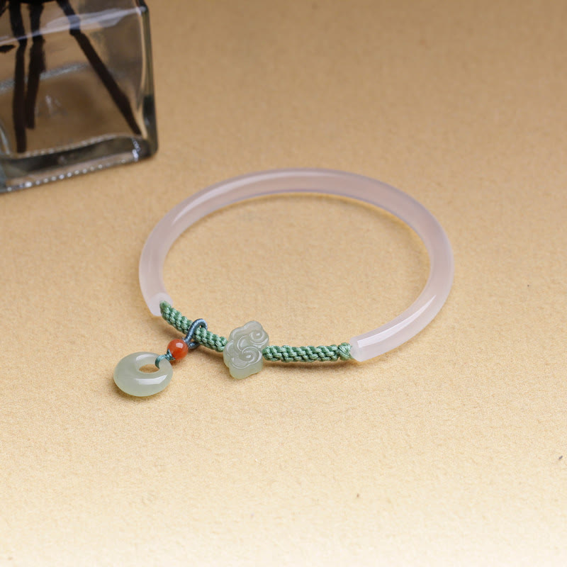 Buddha Stones Natural White Agate Hetian Jade Peace Buckle Auspicious Clouds Positive Bracelet Bangle - image 11