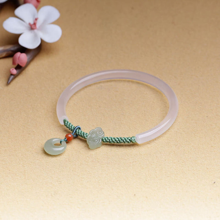 Buddha Stones Natural White Agate Hetian Jade Peace Buckle Auspicious Clouds Positive Bracelet Bangle - image 4