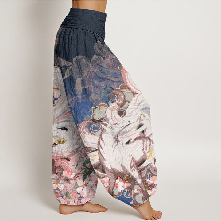 Buddha Stones Fox Cherry Blossoms Women's Elastic Waist Harem Pants - image 2