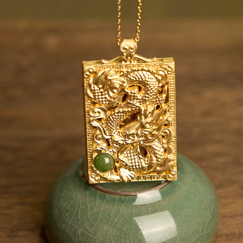 Buddha Stones Dragon Gold Plated Copper Hetian Jade Strength Necklace Pendant - image 2