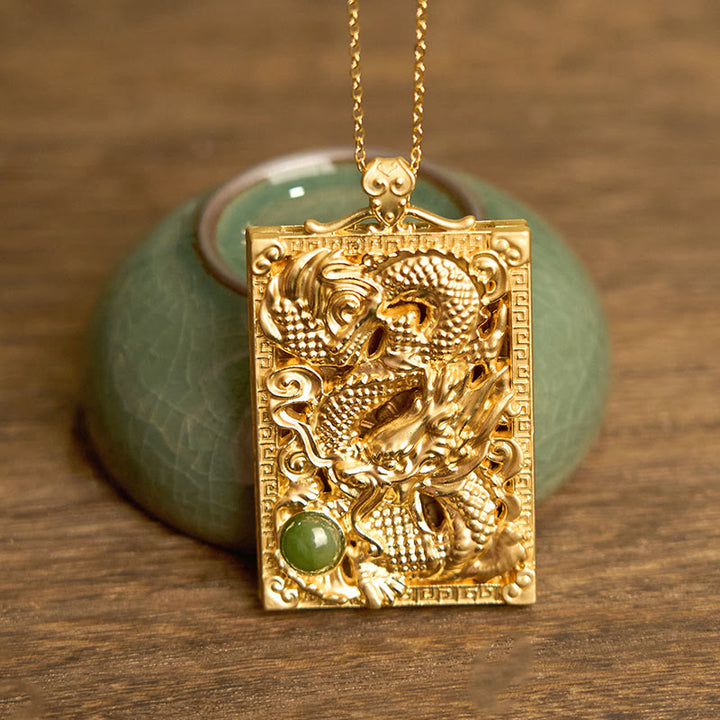 Buddha Stones Dragon Gold Plated Copper Hetian Jade Strength Necklace Pendant - image 3