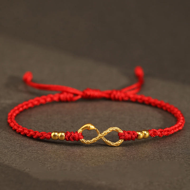 Buddha Stones 999 Gold Year of the Snake Eternal Endless Knot Infinity Handmade Luck Bracelet - 999 Gold Mini Four Bead Snake - Red(Wrist Circumference 14-18cm) - image 19