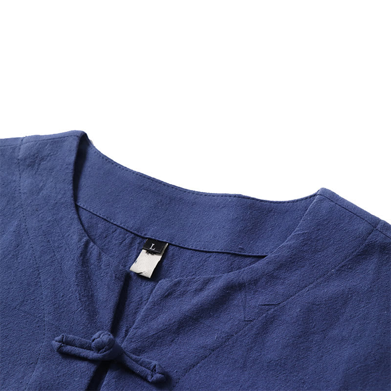 Buddha Stones Casual Plain Color Short Sleeve One Frog Button Cotton Linen Men's Shirt - image 7