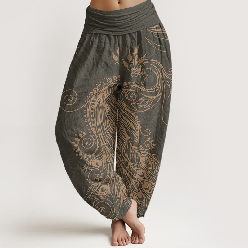 Buddha Stones Casual Peacock Design Women's Elastic Waist Harem Pants - DimGray - US22,UK/AU26,EU54 (6XL) - image 1