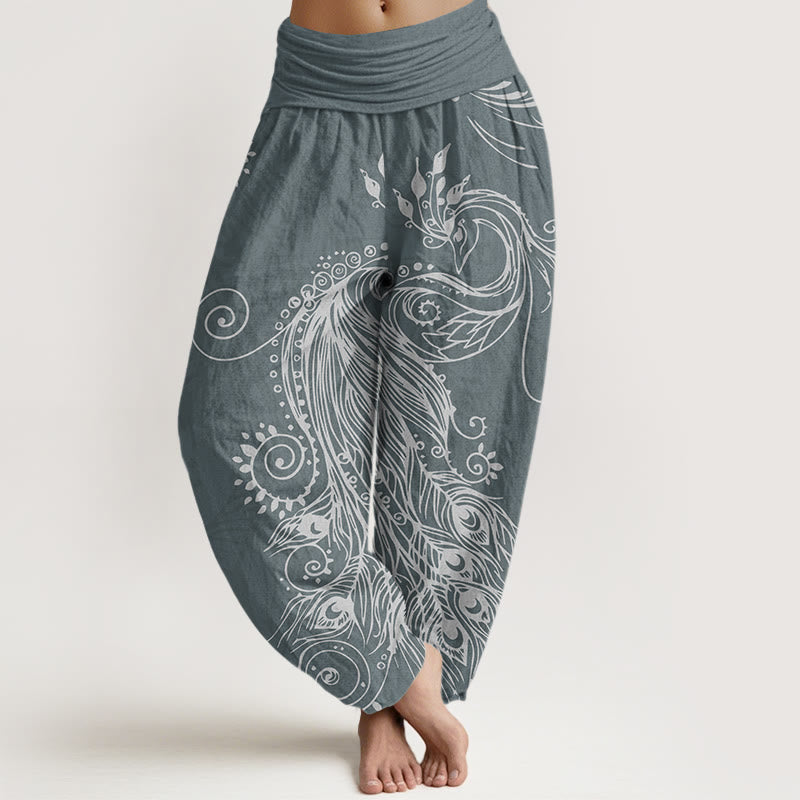 Buddha Stones Casual Peacock Design Women's Elastic Waist Harem Pants - SlateGray - US22,UK/AU26,EU54 (6XL) - image 5