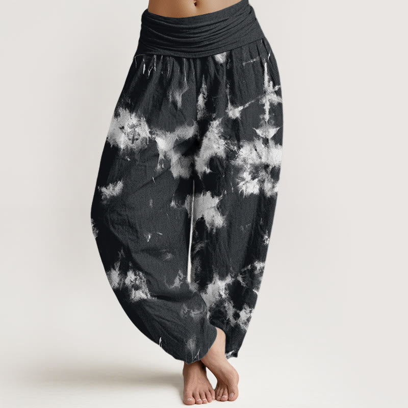 Buddha Stones White Lines Spots Tie-Dye Pattern Women's Elastic Waist Harem Pants - Black - US22,UK/AU26,EU54 (6XL) - image 1