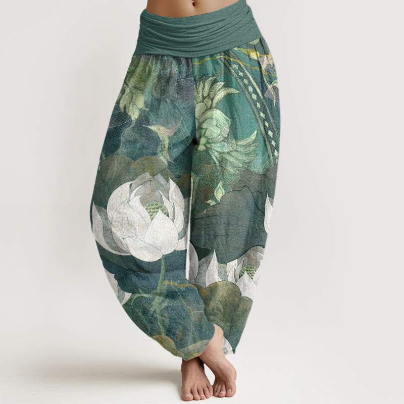 Buddha Stones White Lotus Leaves Pattern Casual Women's Elastic Waist Harem Pants - SeaGreen - US22,UK/AU26,EU54 (6XL) - image 1