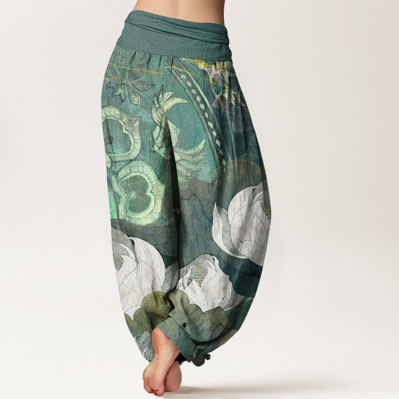 Buddha Stones White Lotus Leaves Pattern Casual Women's Elastic Waist Harem Pants - image 2