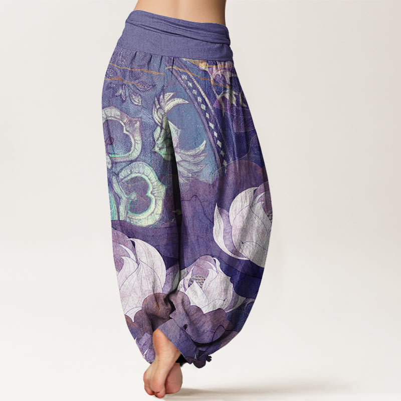 Buddha Stones White Lotus Leaves Pattern Casual Women's Elastic Waist Harem Pants - image 10