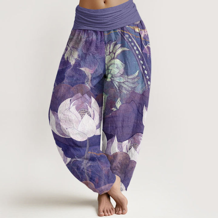 Buddha Stones White Lotus Leaves Pattern Casual Women's Elastic Waist Harem Pants - MediumPurple - US22,UK/AU26,EU54 (6XL) - image 8