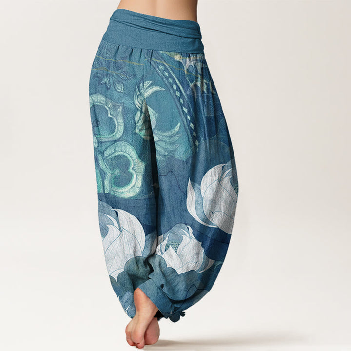 Buddha Stones White Lotus Leaves Pattern Casual Women's Elastic Waist Harem Pants - image 7