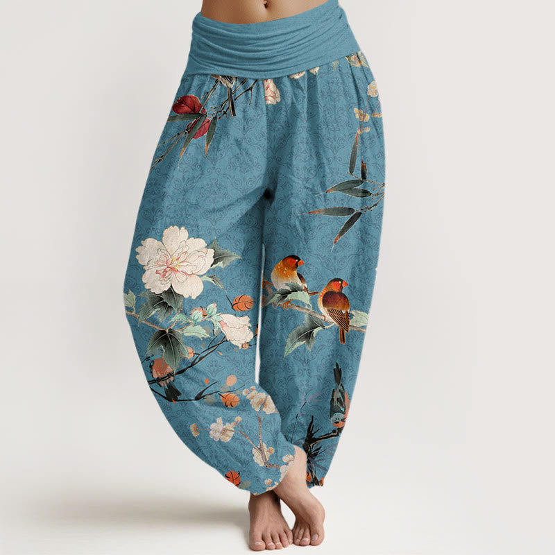 Buddha Stones Warbler Bird Blooming Flower Branches Mandala Pattern Women's Elastic Waist Harem Pants - DarkTurquoise - US22,UK/AU26,EU54 (6XL) - image 5