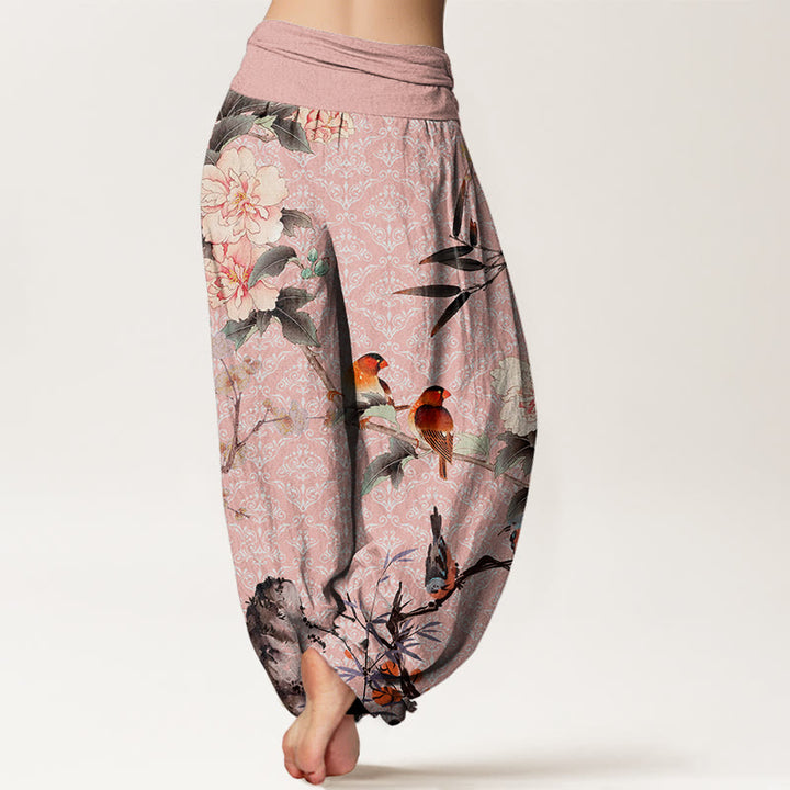 Buddha Stones Warbler Bird Blooming Flower Branches Mandala Pattern Women's Elastic Waist Harem Pants - image 10