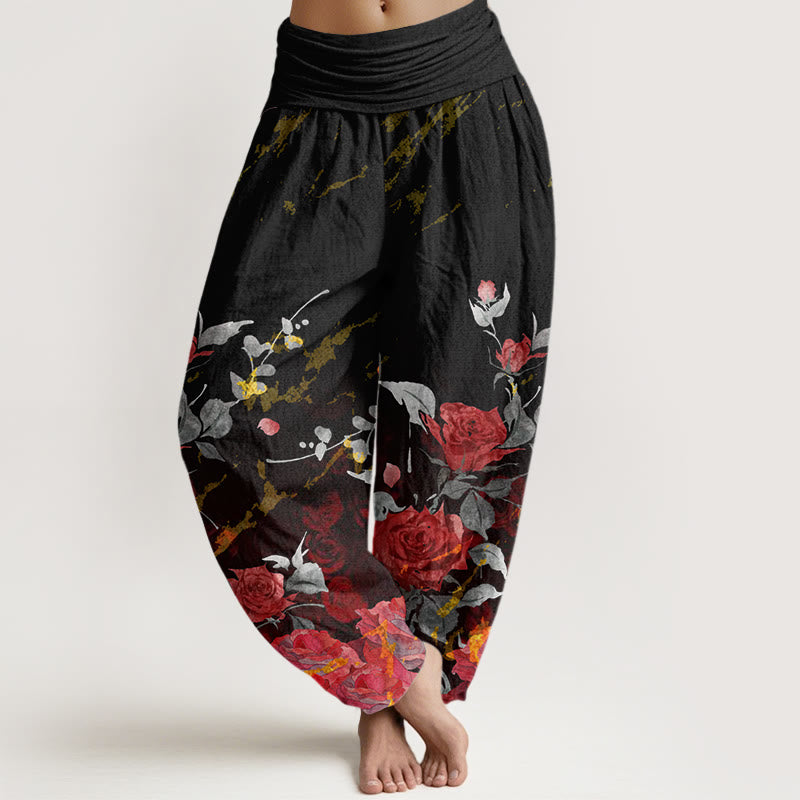 Buddha Stones Blooming Roses Pattern Women's Elastic Waist Harem Pants - Black - US22,UK/AU26,EU54 (6XL) - image 1