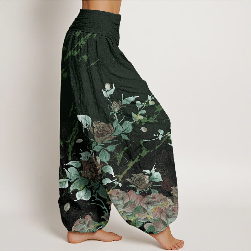Buddha Stones Blooming Roses Pattern Women's Elastic Waist Harem Pants - image 9