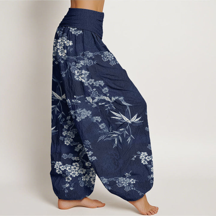 Buddha Stones White Sakura Flower Pattern Women's Elastic Waist Harem Pants - image 2