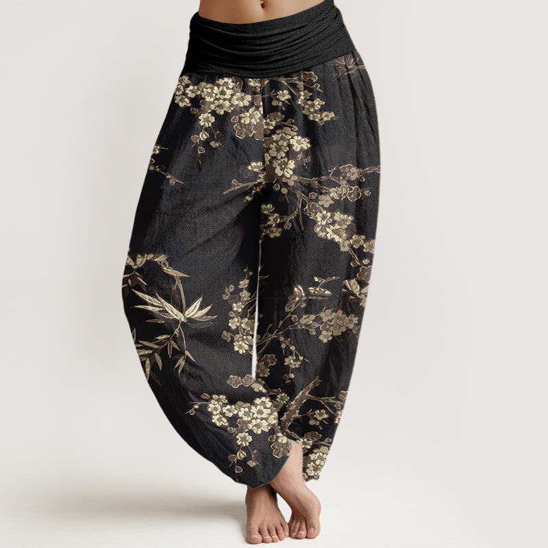 Buddha Stones White Sakura Flower Pattern Women's Elastic Waist Harem Pants - Black - US22,UK/AU26,EU54 (6XL) - image 8