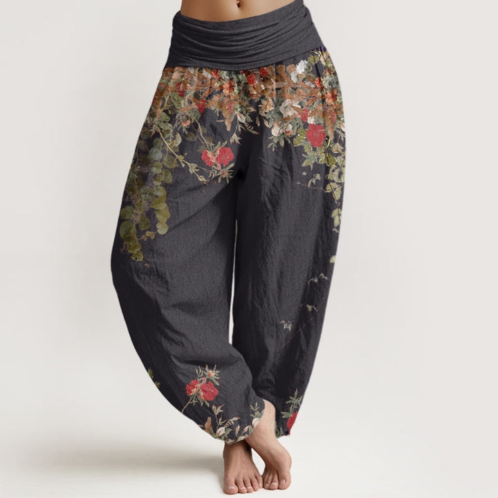 Buddha Stones Casual Red Peony Flower Vine Design Women's Elastic Waist Harem Pants - Black - US22,UK/AU26,EU54 (6XL) - image 1